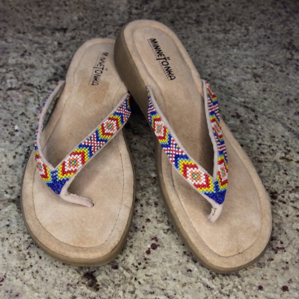 Minnetonka Suede Tan  Beaded Thong Flip Flops